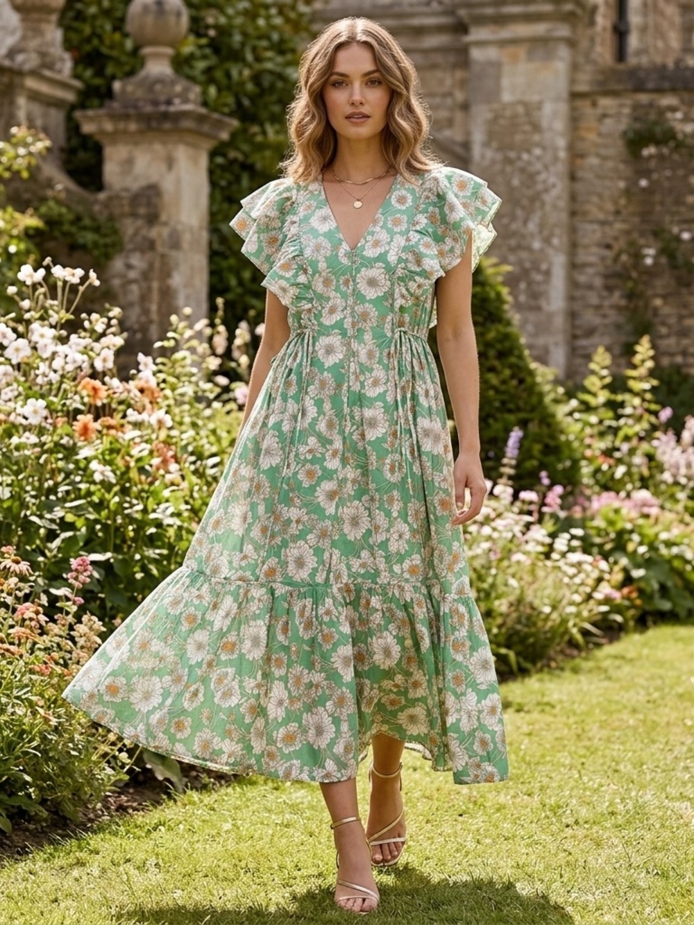 NWT GiGiO Green Floral Ruffle Sleeve Midi Dress Garden Romantic Boho Women’s L